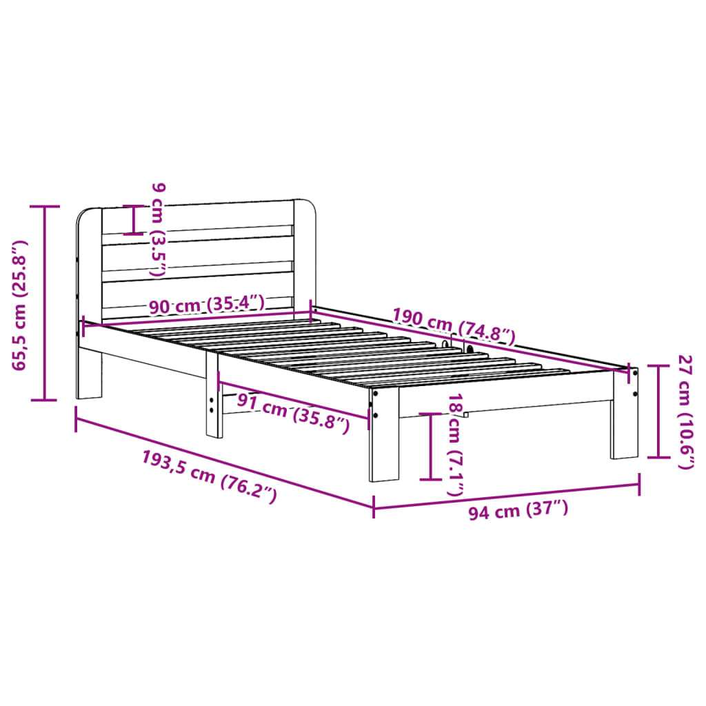 Sengeramme uten madrass voksbrun 90x190 cm heltre furu