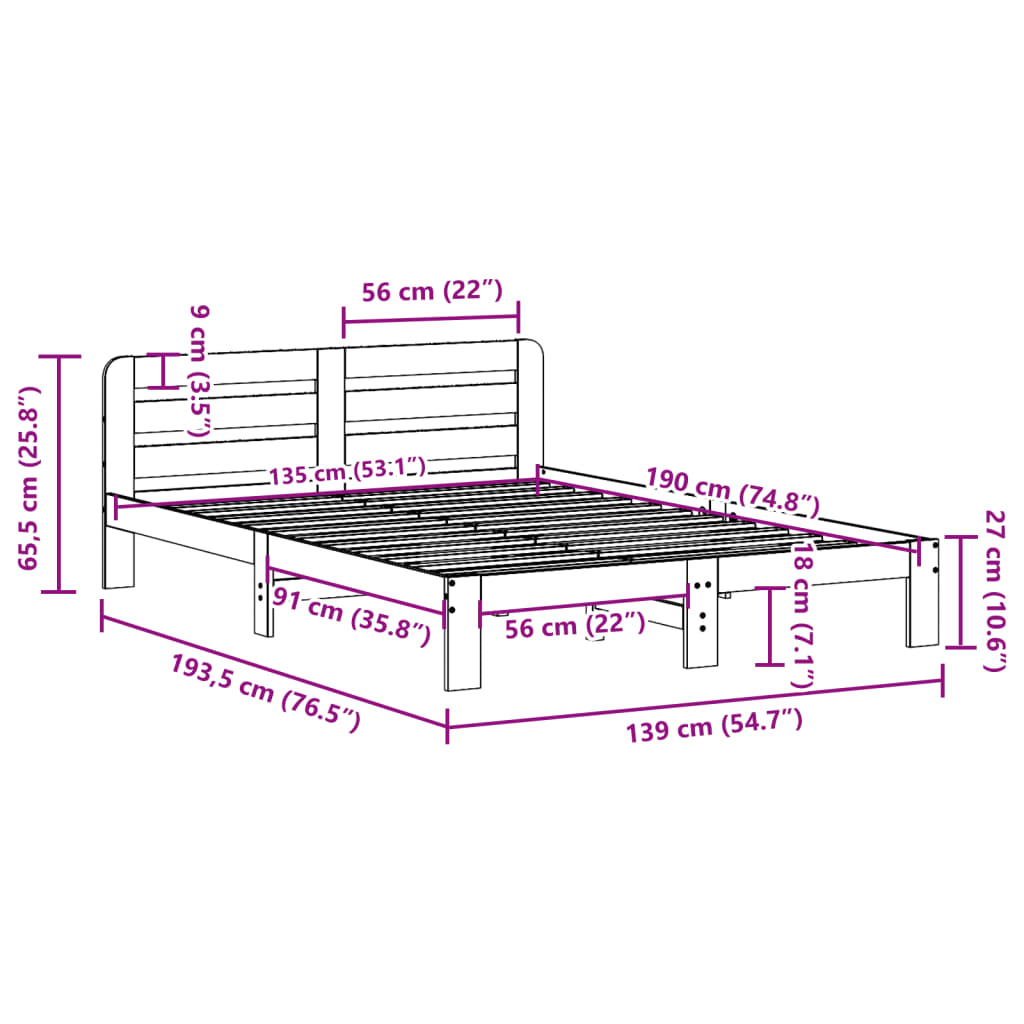 Sengeramme uten madrass brun 135x190 cm heltre furu