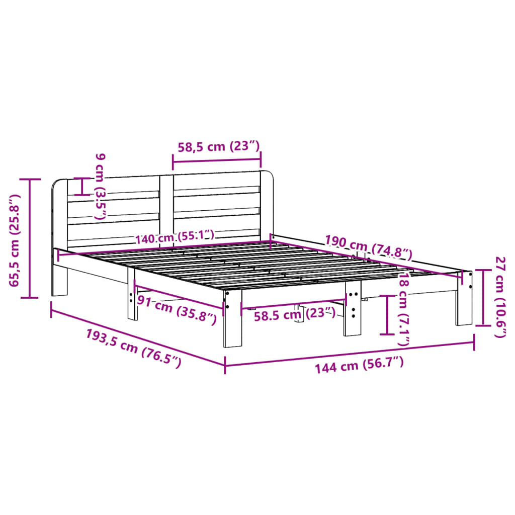 Sengeramme uten madrass voksbrun 140x190 cm heltre furu