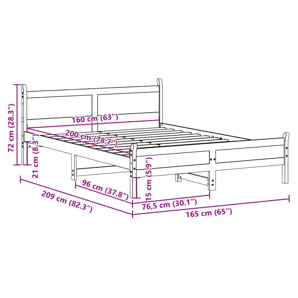 Sengeramme uten madrass hvit 160x200 cm heltre furu vidaXL