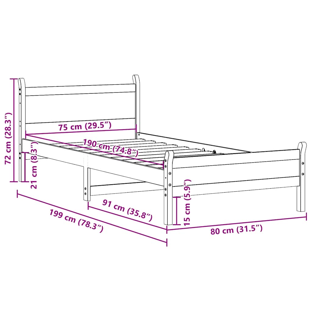 Sengeramme uten madrass voksbrun 75x190 cm heltre furu