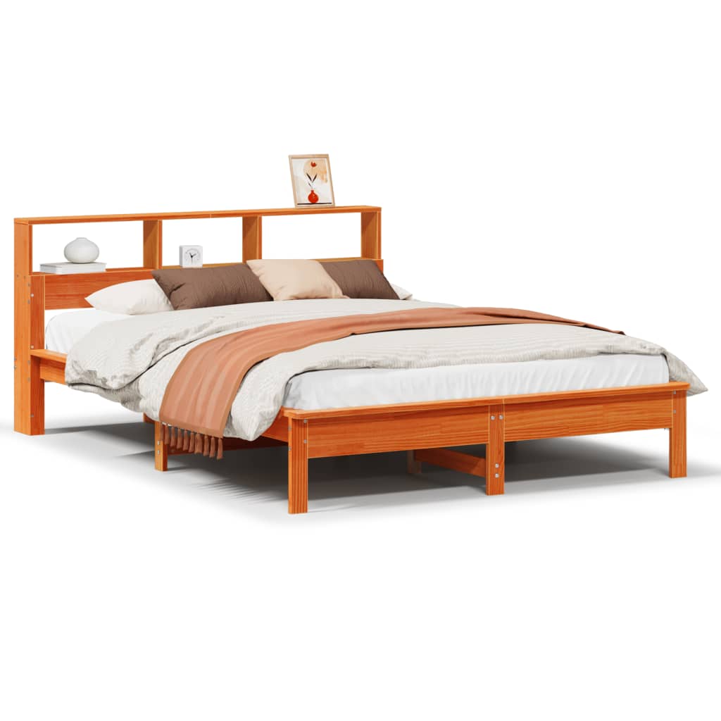 Seng med bokhylle uten madrass voksbrun 120x200 cm heltre furu
