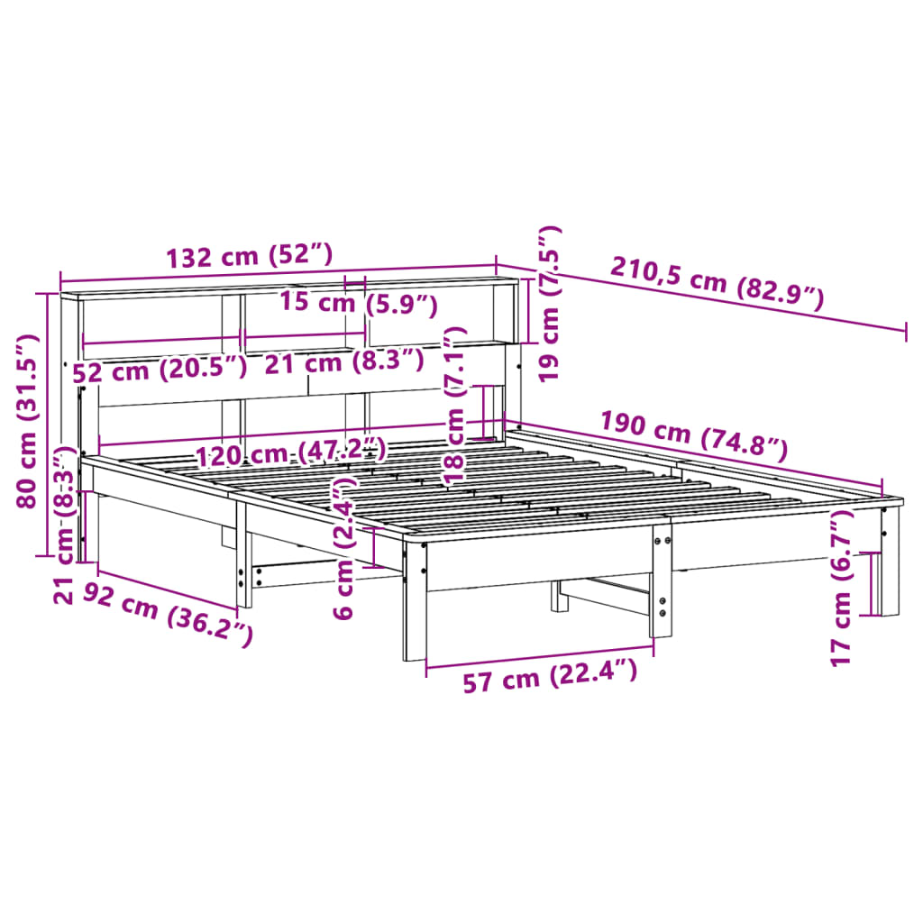 Seng med bokhylle uten madrass 120x190 cm heltre furu