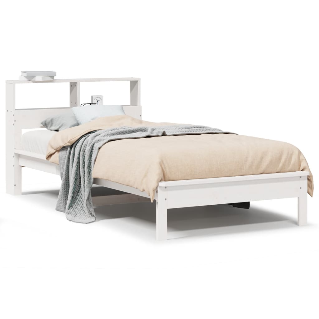 Seng med bokhylle uten madrass hvit 90x190 cm heltre furu