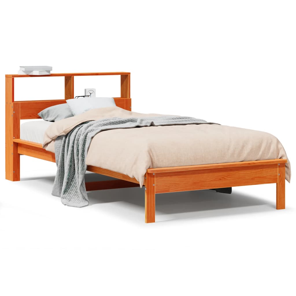 Seng med bokhylle uten madrass voksbrun 90x190 cm heltre furu