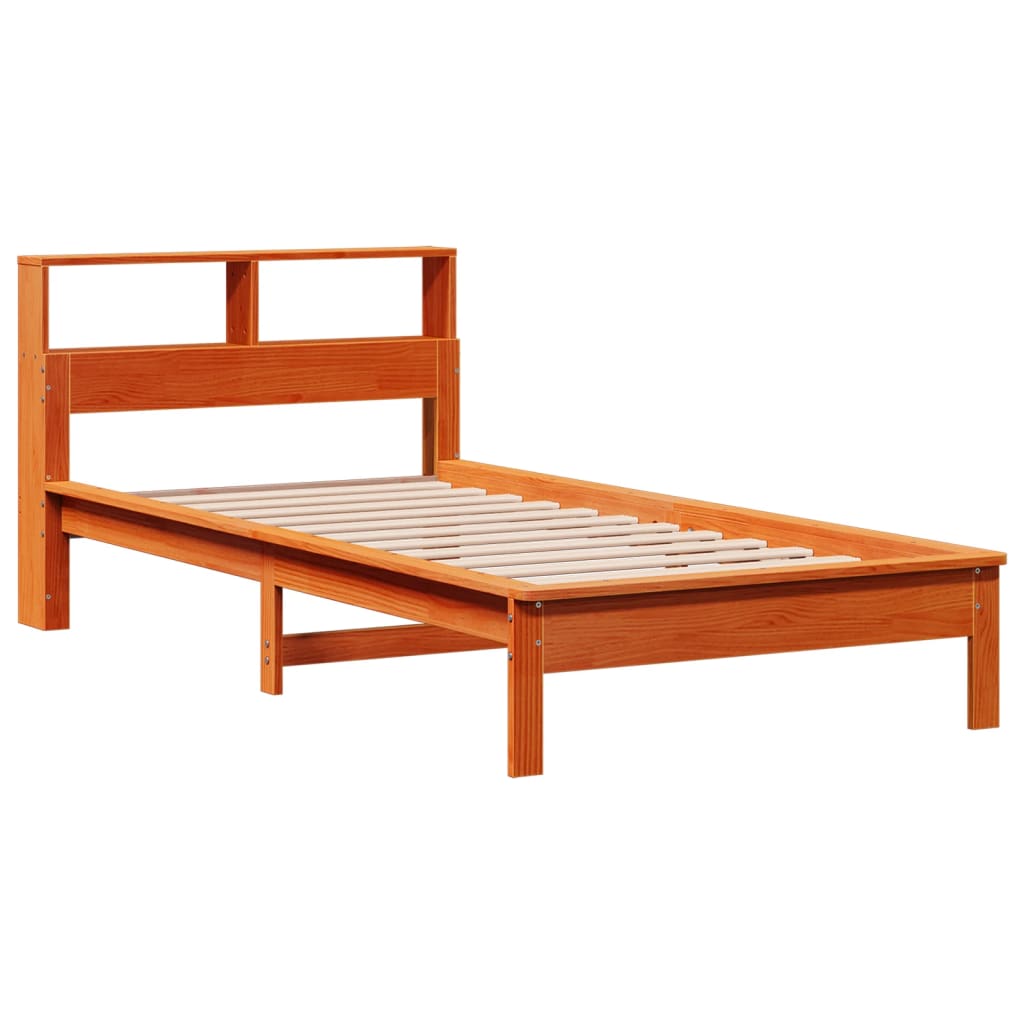 Seng med bokhylle uten madrass voksbrun 90x190 cm heltre furu