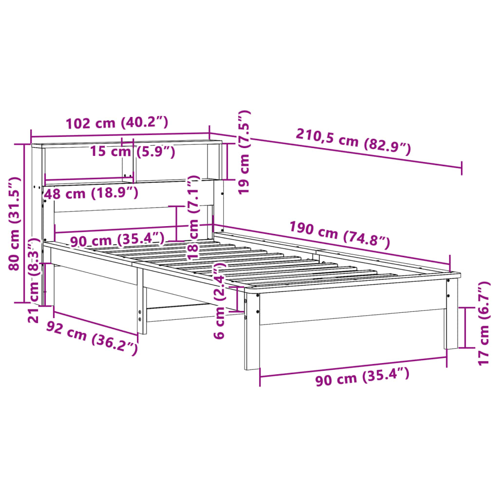 Seng med bokhylle uten madrass voksbrun 90x190 cm heltre furu