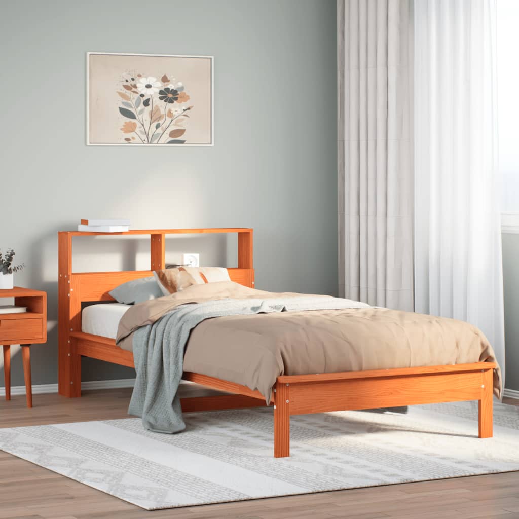 Seng med bokhylle uten madrass voksbrun 90x190 cm heltre furu