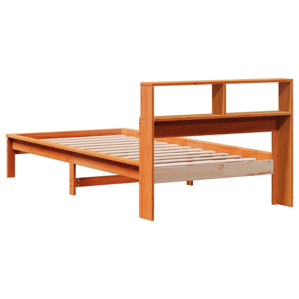 Seng med bokhylle uten madrass voksbrun 75x190 cm heltre furu