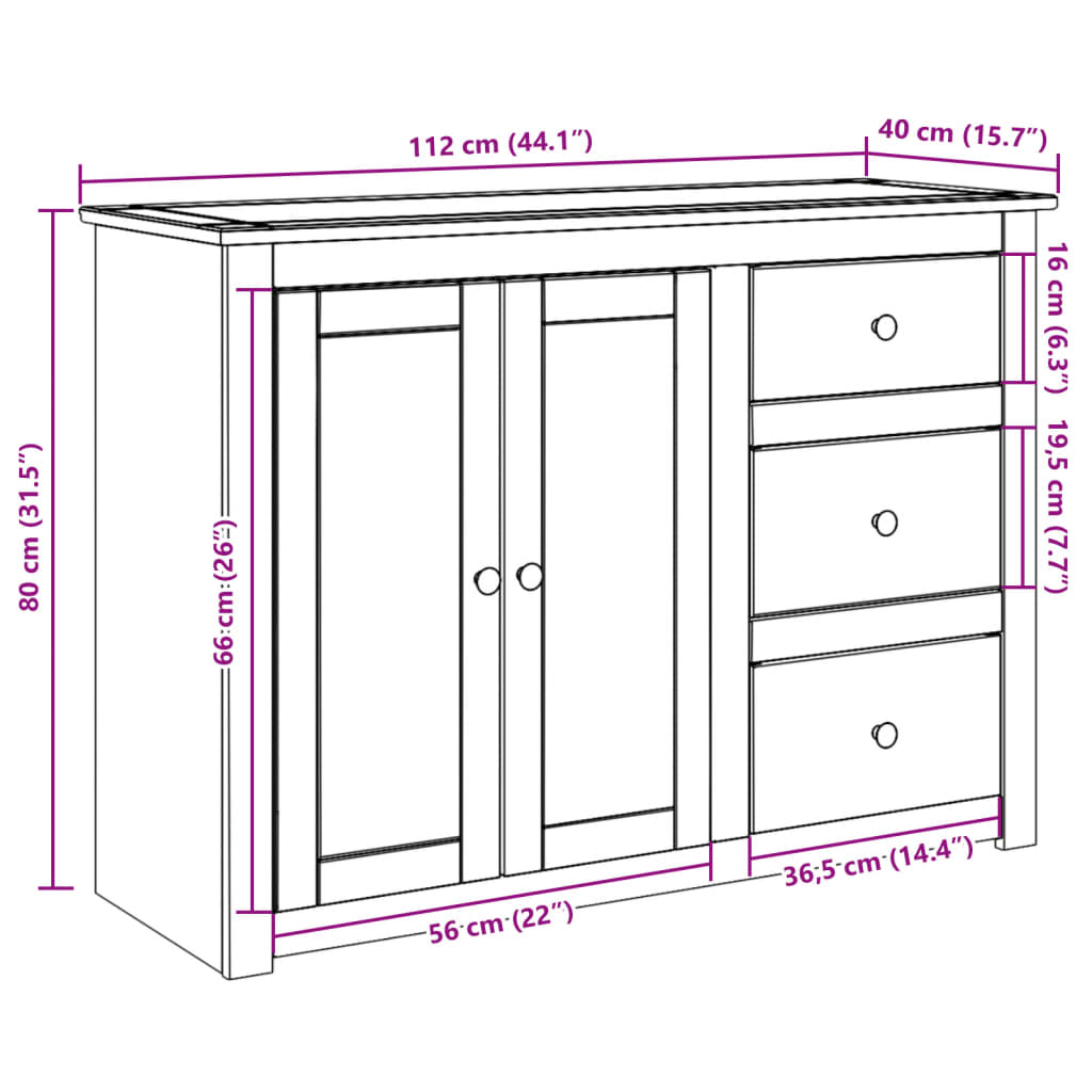 Skjenk med skuffer PANAMA 112x40x80 cm heltre furu
