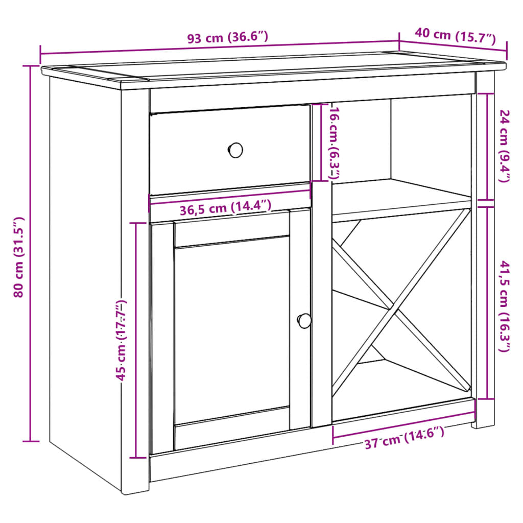 Skjenk med skuffer PANAMA 93x40x80 cm heltre furu