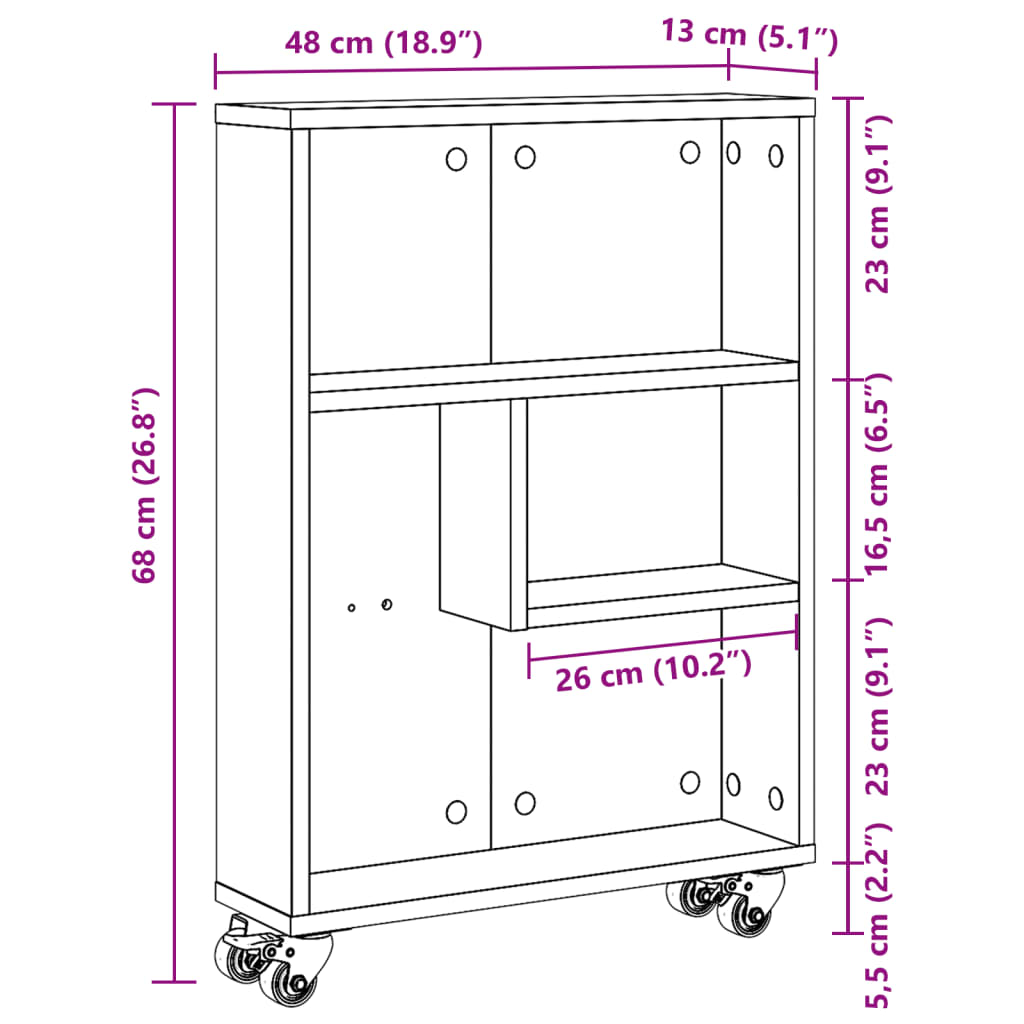 Smal oppbevaringsvogn røkt eik 48x13x68 cm konstruert tre