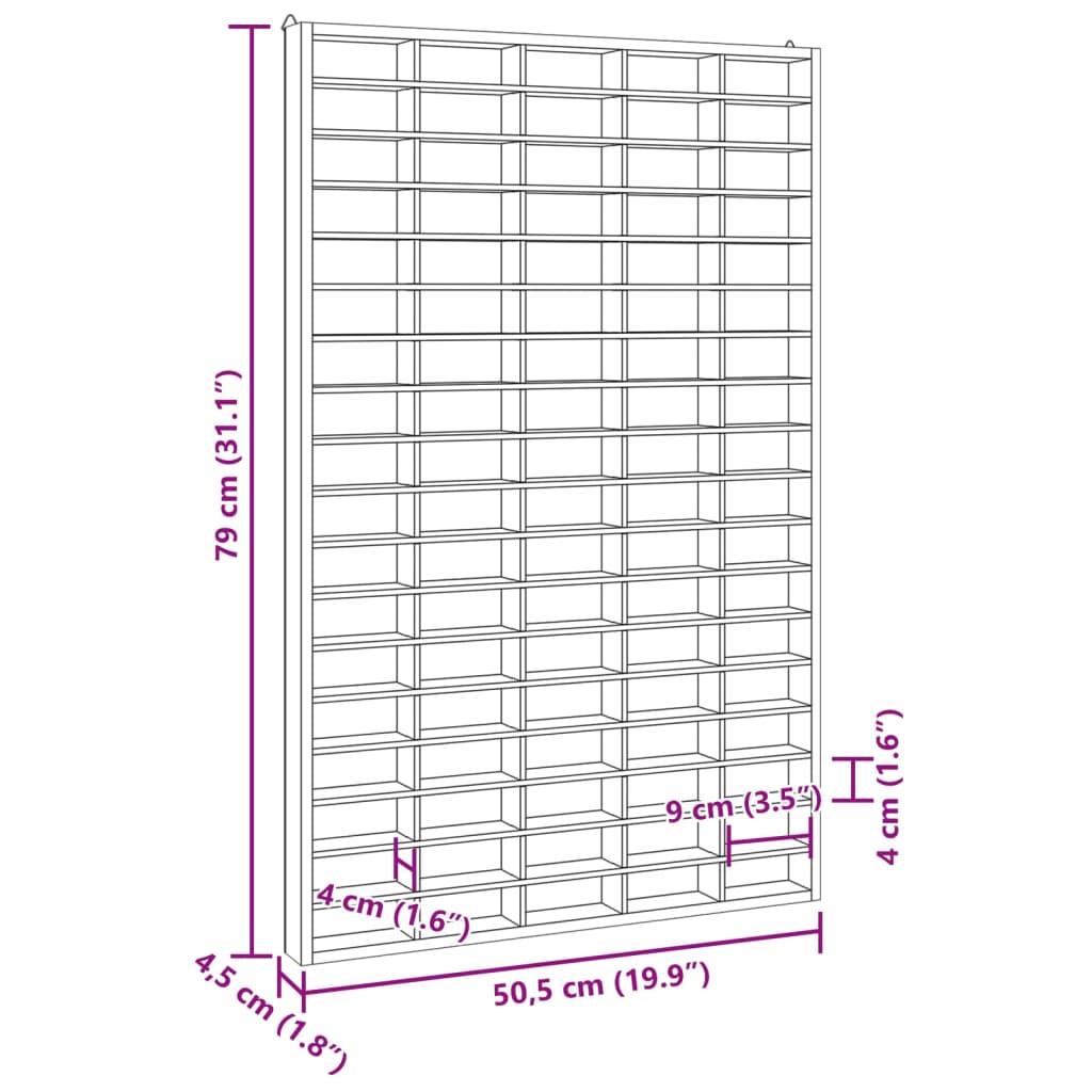 Vegghylle med 90 rom 50,5x4,5x79 cm