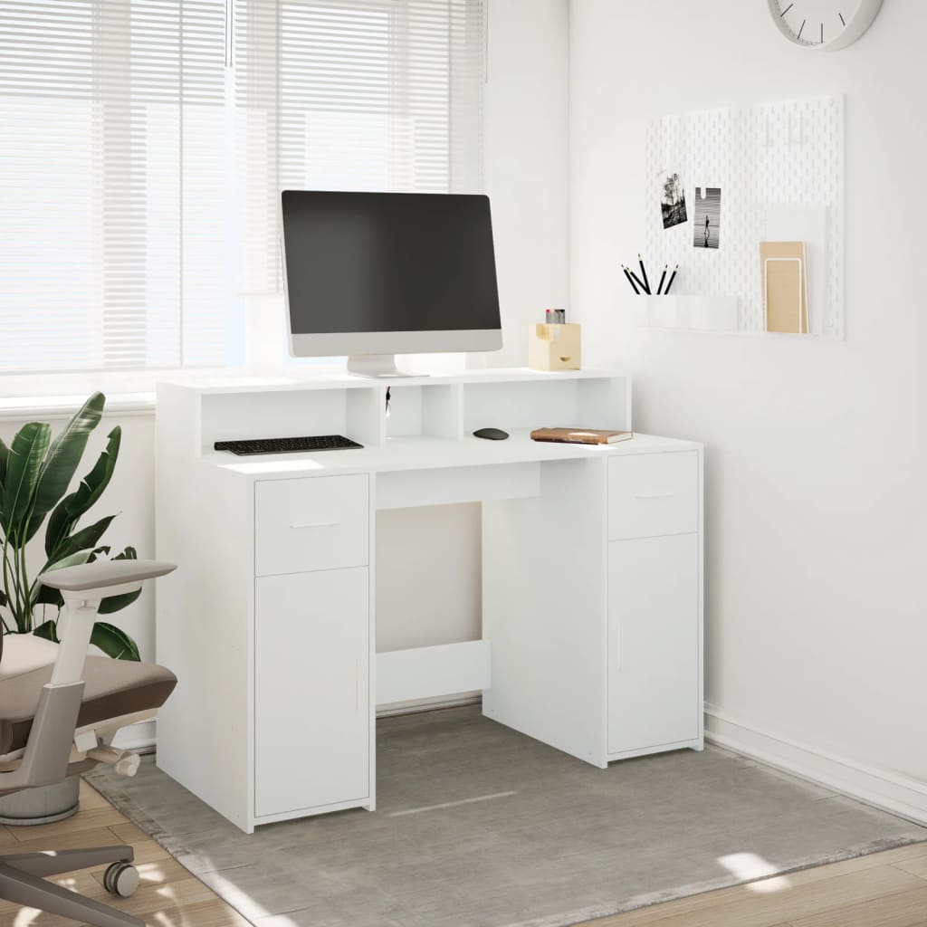 Skrivebord med LED-lys hvit 120x55x91 cm konstruert tre