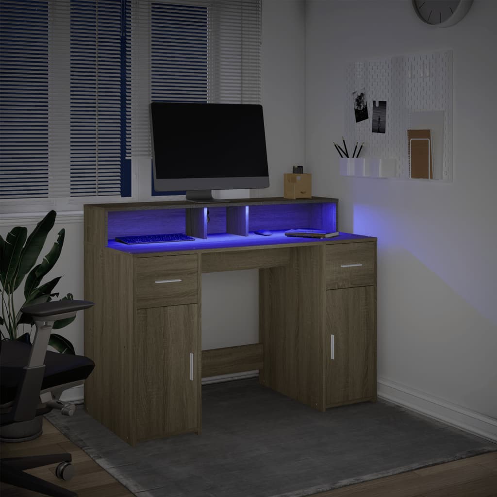 Skrivebord med LED-lys sonoma eik 120x55x91 cm konstruert tre