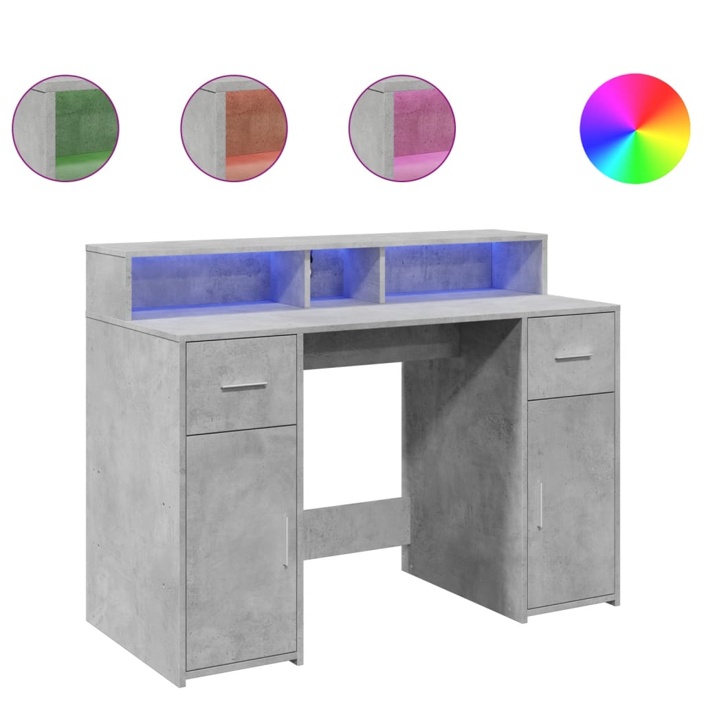 Skrivebord med LED-lys betonggrå 120x55x91 cm konstruert tre