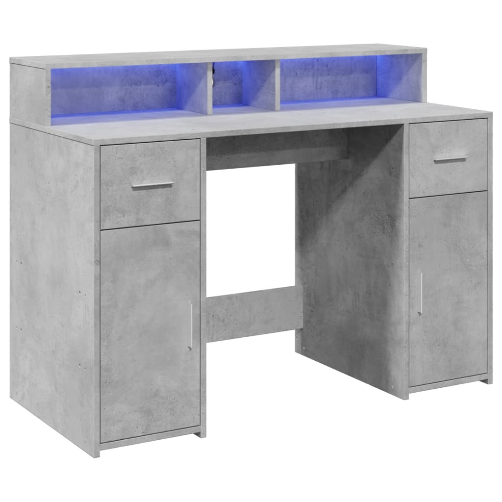 Skrivebord med LED-lys betonggrå 120x55x91 cm konstruert tre