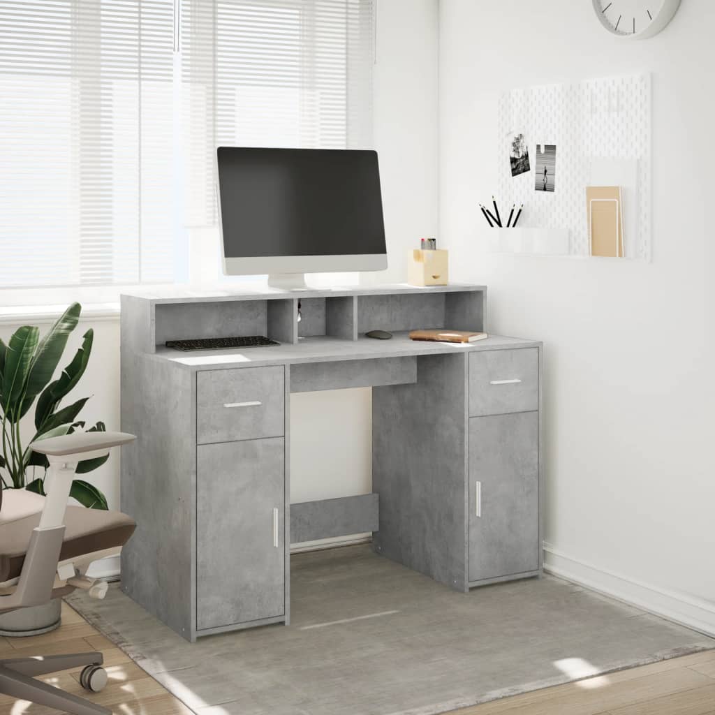 Skrivebord med LED-lys betonggrå 120x55x91 cm konstruert tre