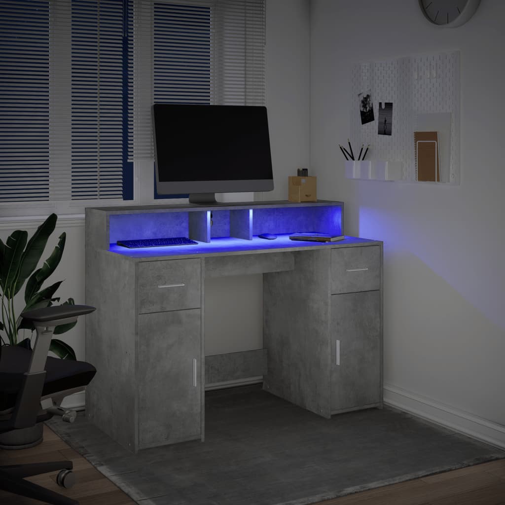 Skrivebord med LED-lys betonggrå 120x55x91 cm konstruert tre
