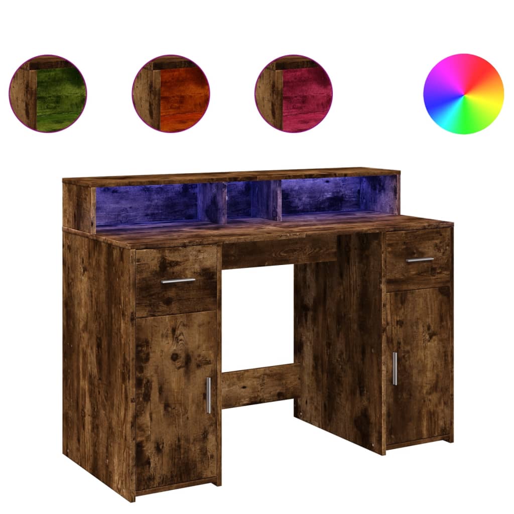 Skrivebord med LED-lys røkt eik 120x55x91 cm konstruert tre