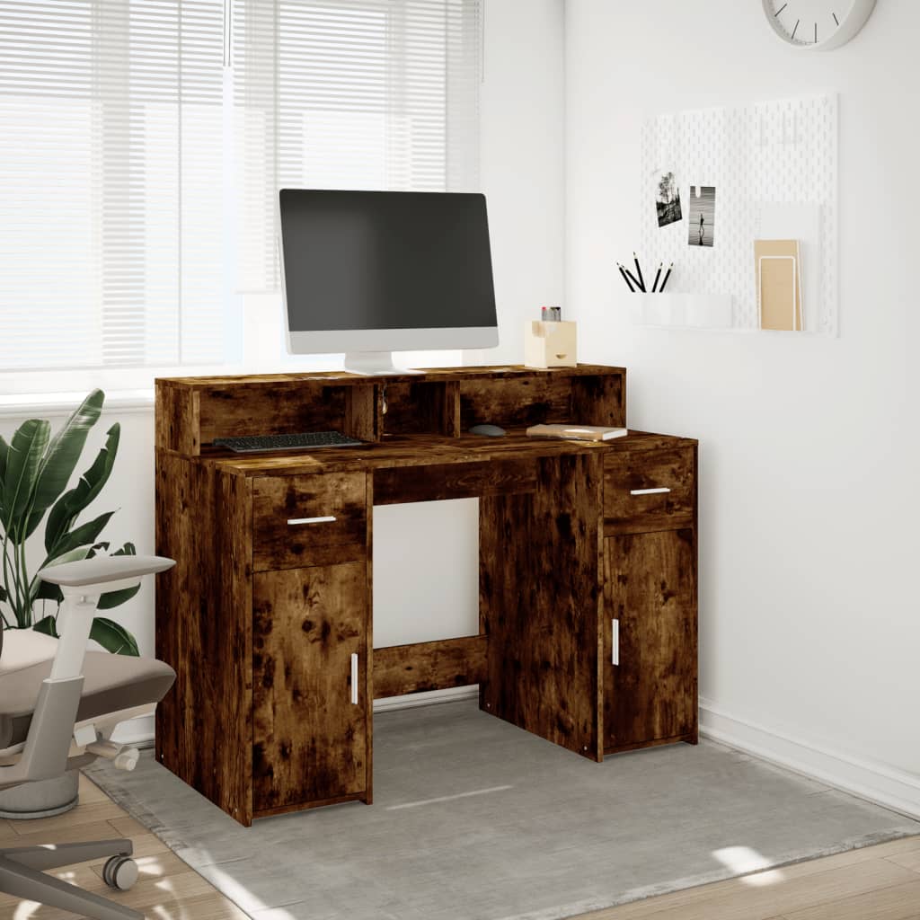 Skrivebord med LED-lys røkt eik 120x55x91 cm konstruert tre
