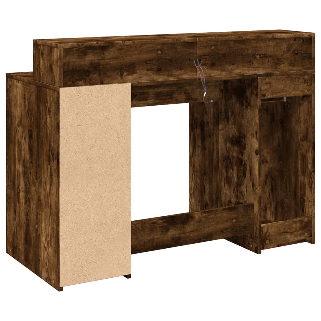Skrivebord med LED-lys røkt eik 120x55x91 cm konstruert tre