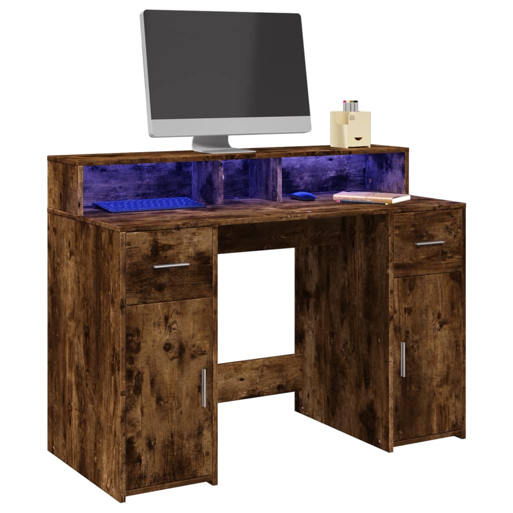 Skrivebord med LED-lys røkt eik 120x55x91 cm konstruert tre