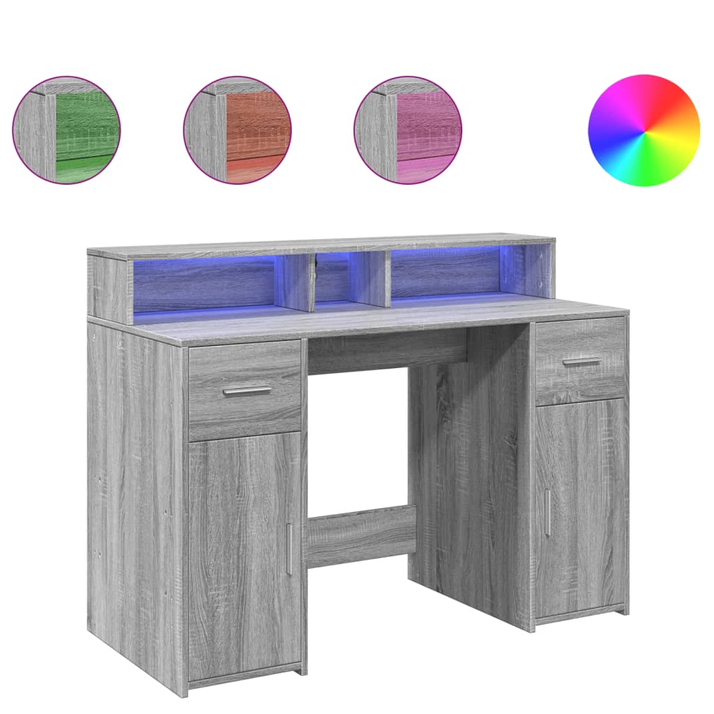 Skrivebord med LED-lys grå sonoma 120x55x91 cm konstruert tre