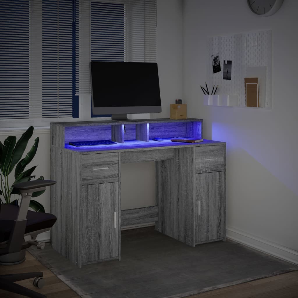 Skrivebord med LED-lys grå sonoma 120x55x91 cm konstruert tre