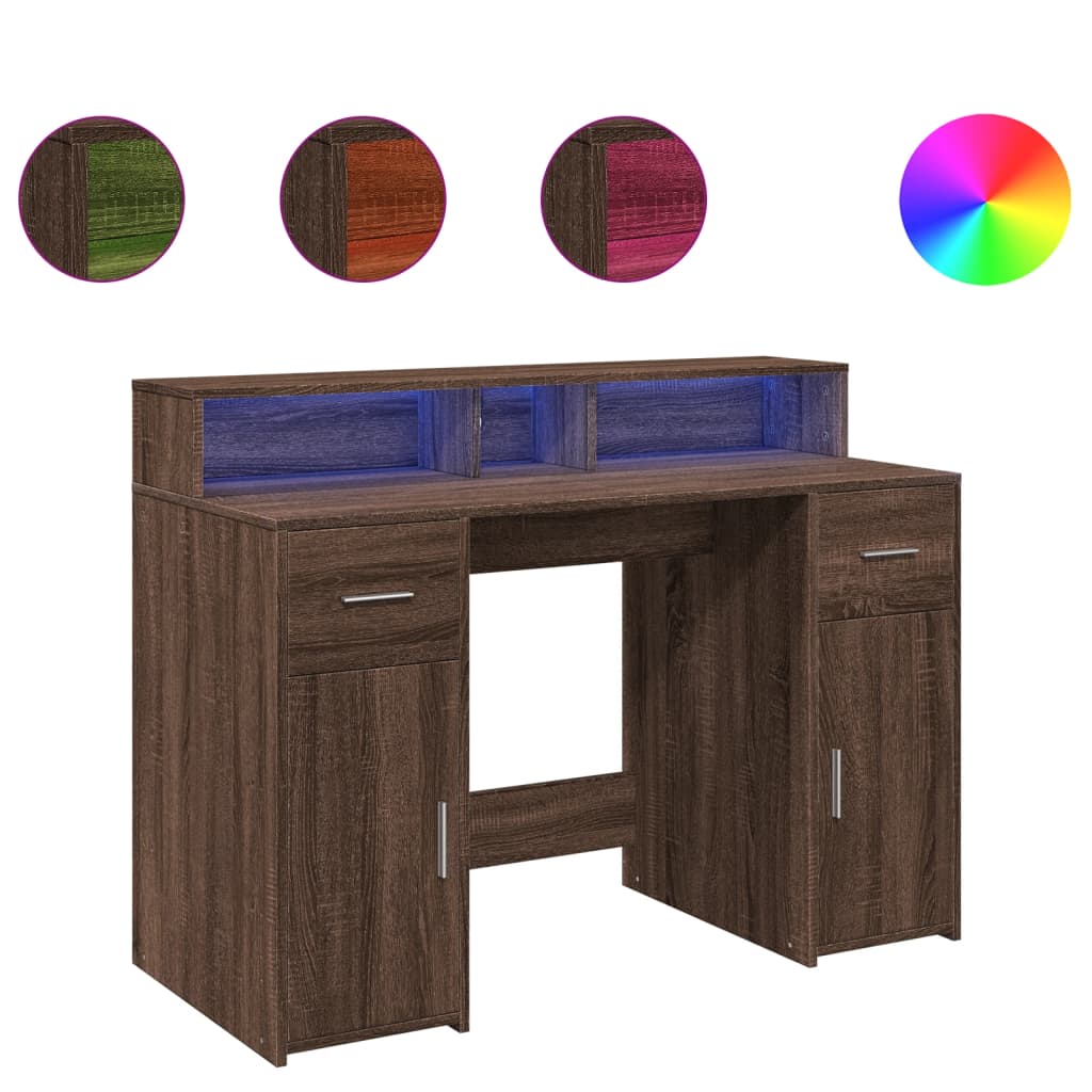 Skrivebord med LED-lys brun eik 120x55x91 cm konstruert tre