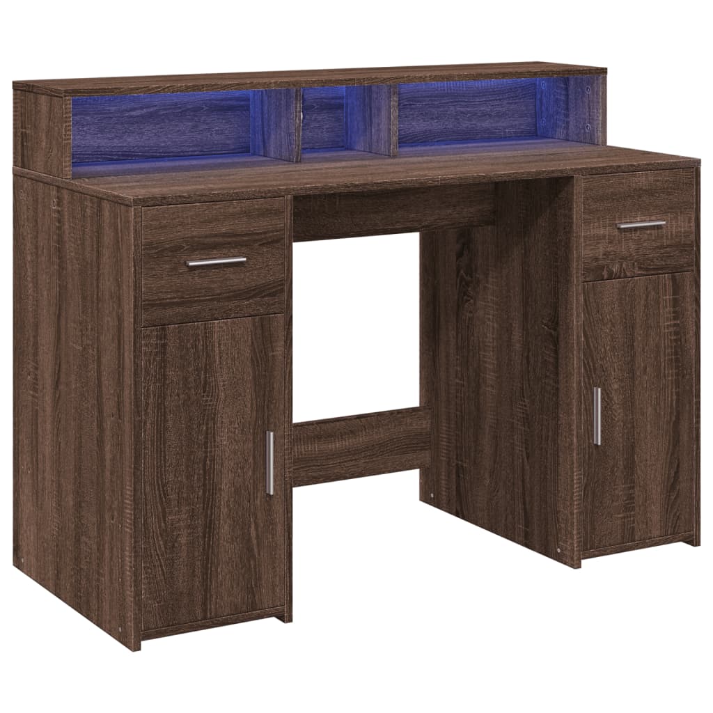 Skrivebord med LED-lys brun eik 120x55x91 cm konstruert tre