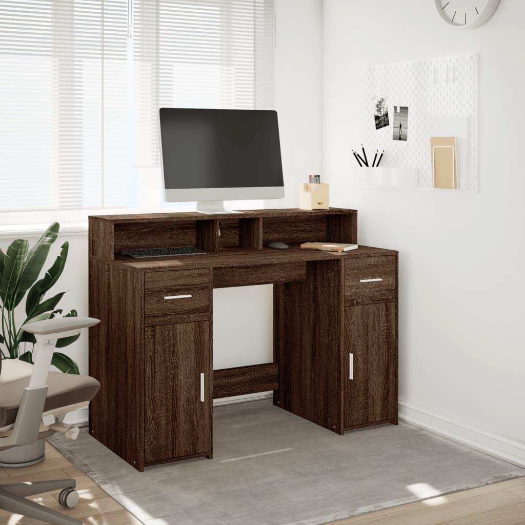 Skrivebord med LED-lys brun eik 120x55x91 cm konstruert tre