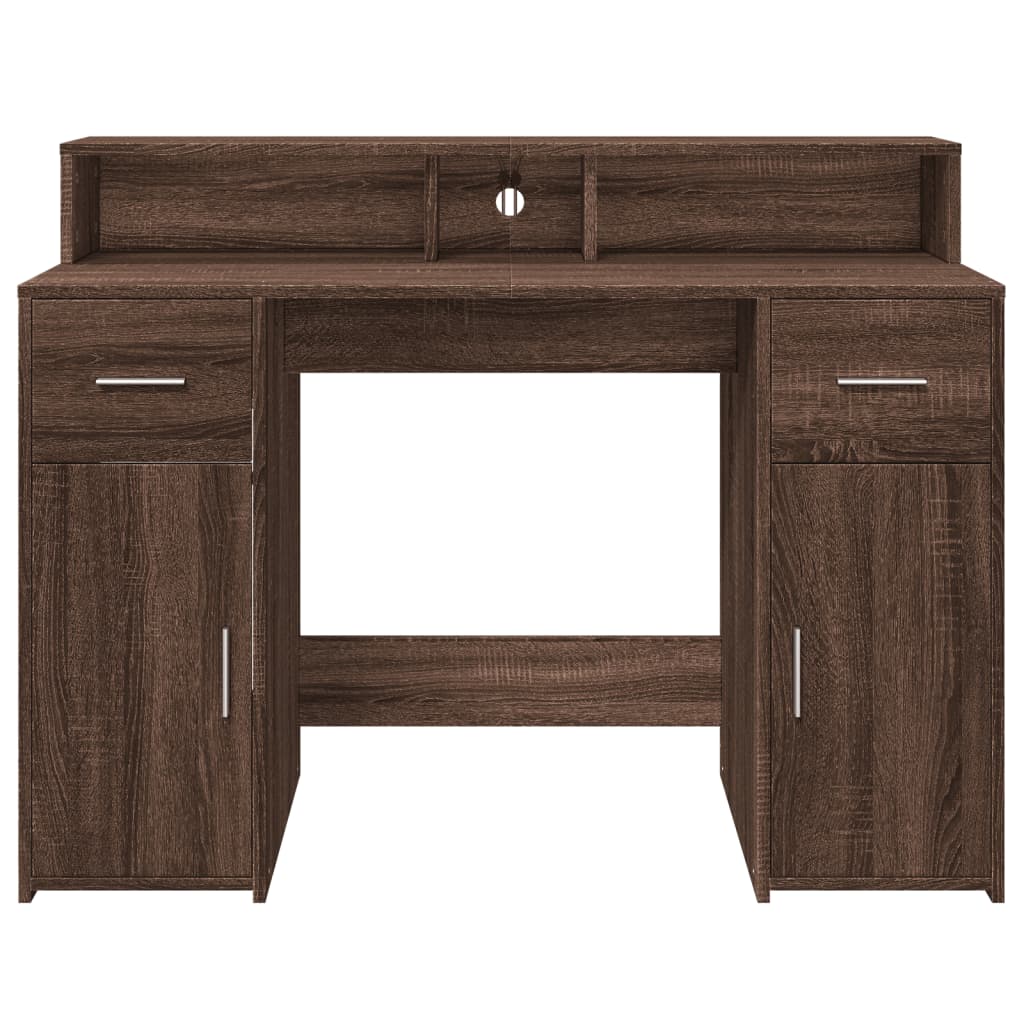 Skrivebord med LED-lys brun eik 120x55x91 cm konstruert tre