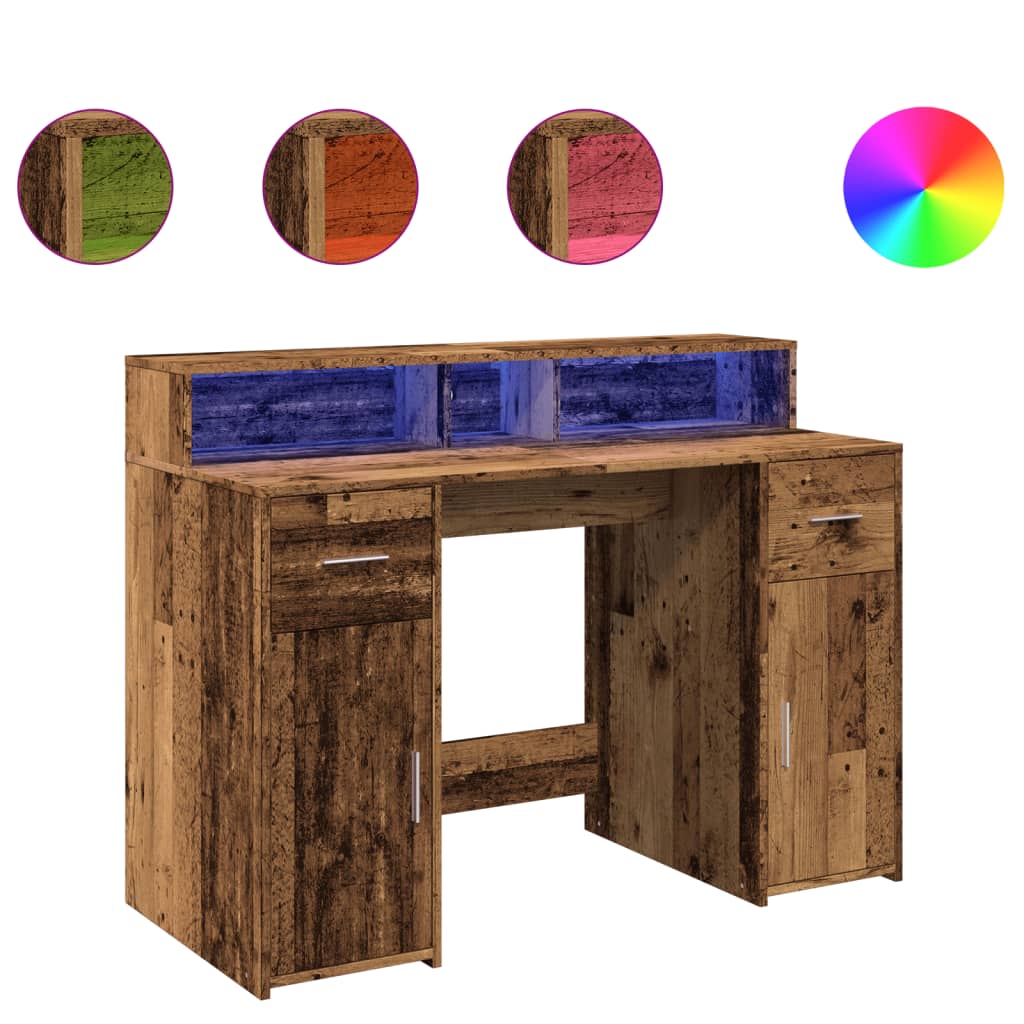 Skrivebord med LED-lys gammelt tre 120x55x91 cm konstruert tre