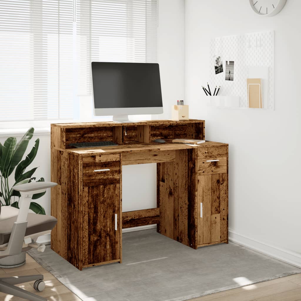 Skrivebord med LED-lys gammelt tre 120x55x91 cm konstruert tre