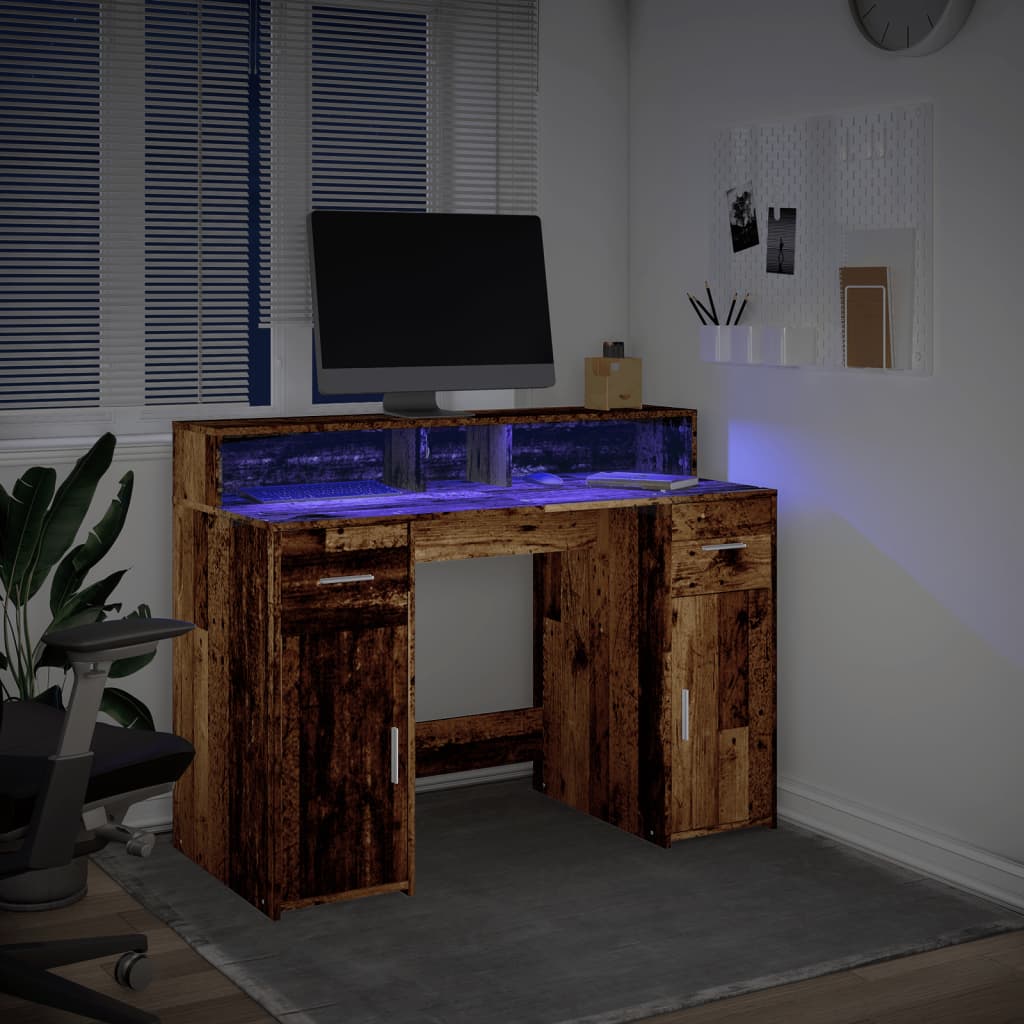 Skrivebord med LED-lys gammelt tre 120x55x91 cm konstruert tre
