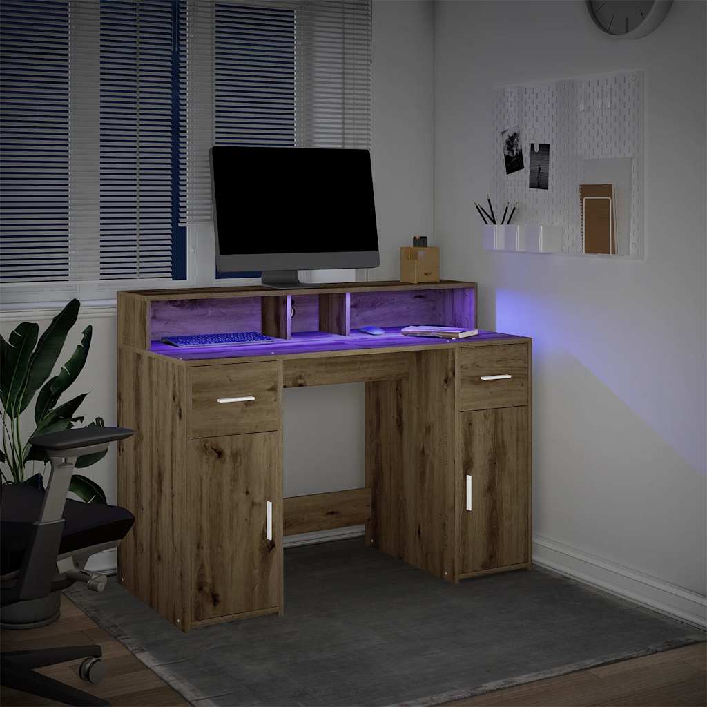 Skrivebord med LED-lys artisan eik 120x55x91 cm konstruert tre