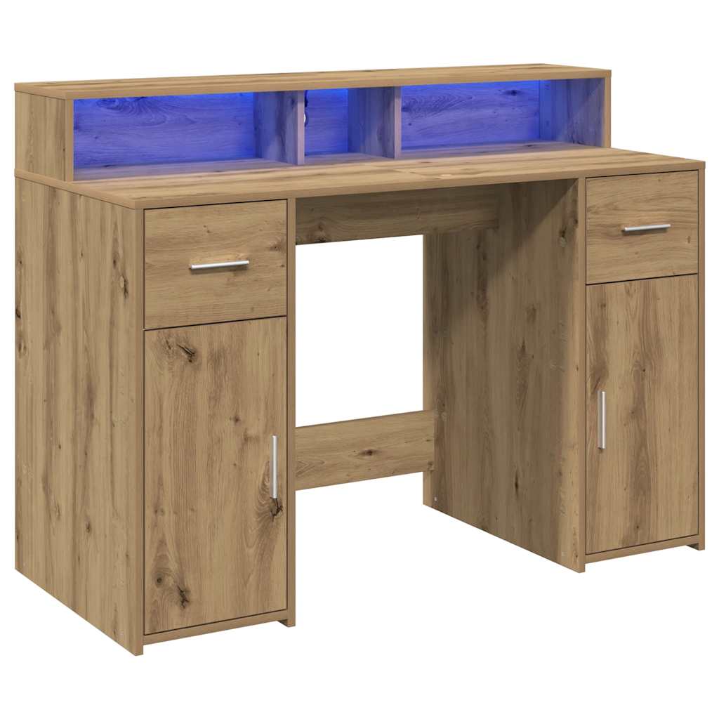 Skrivebord med LED-lys artisan eik 120x55x91 cm konstruert tre