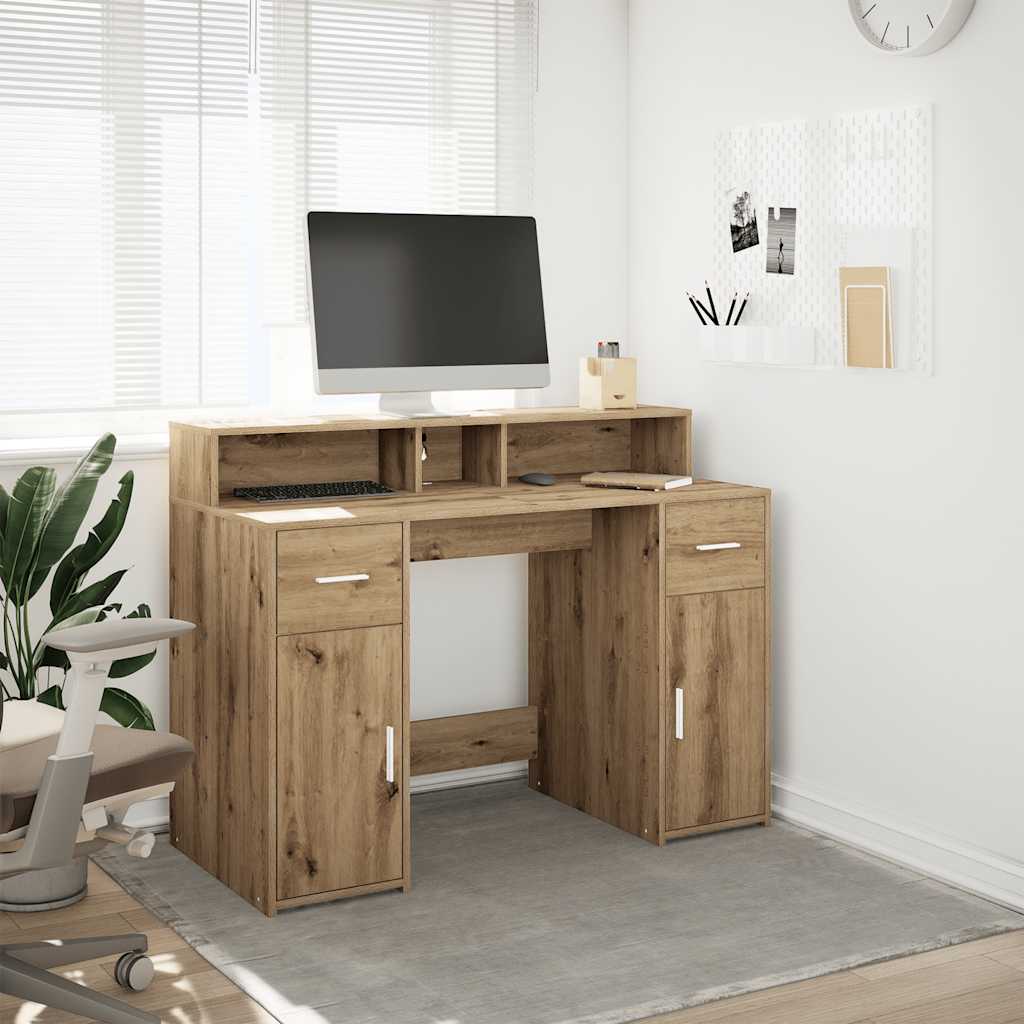 Skrivebord med LED-lys artisan eik 120x55x91 cm konstruert tre