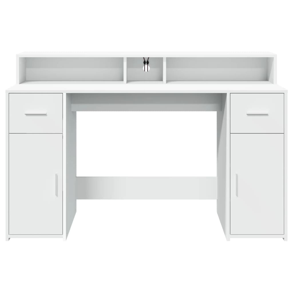 Skrivebord med LED-lys hvit 140x55x91 cm konstruert tre