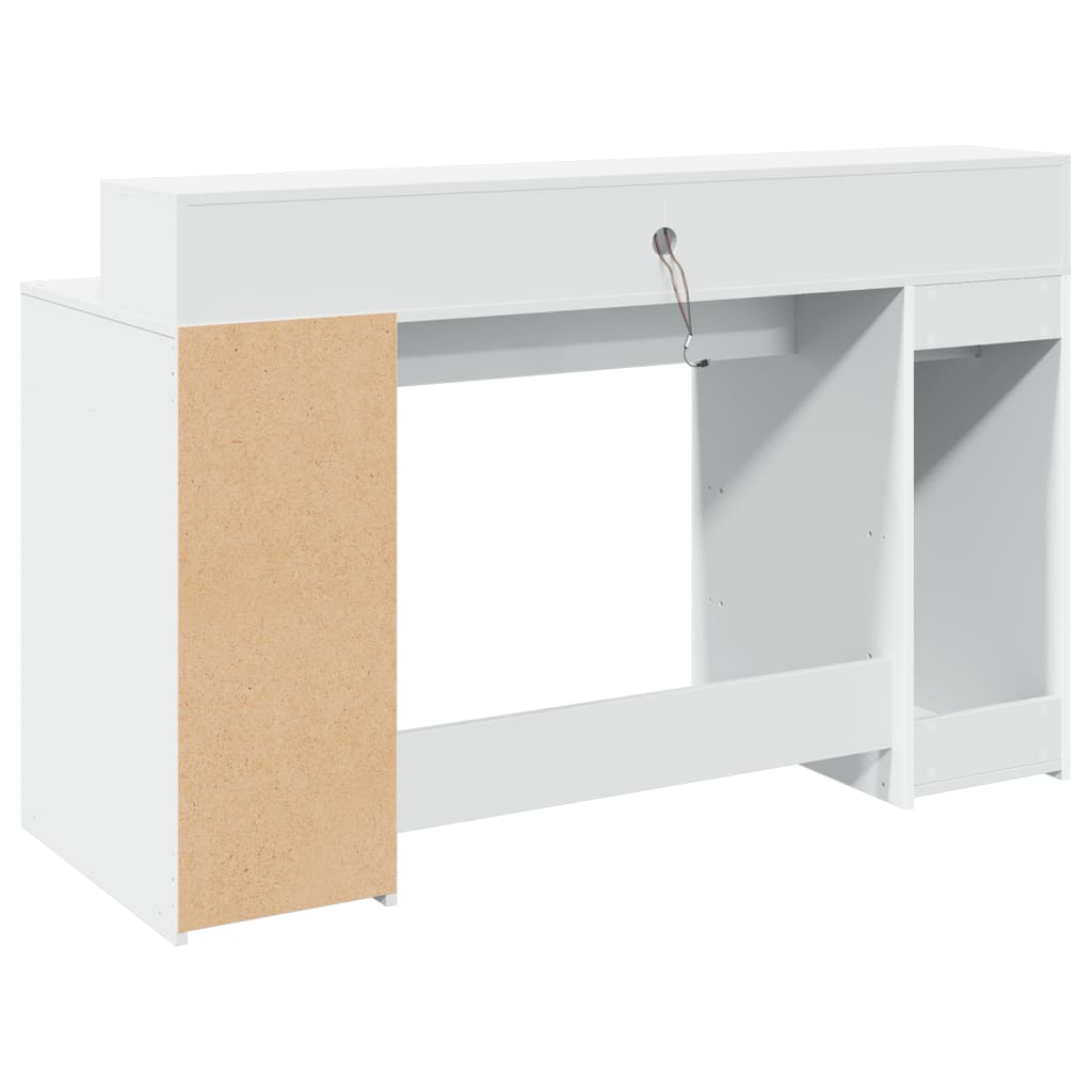 Skrivebord med LED-lys hvit 140x55x91 cm konstruert tre