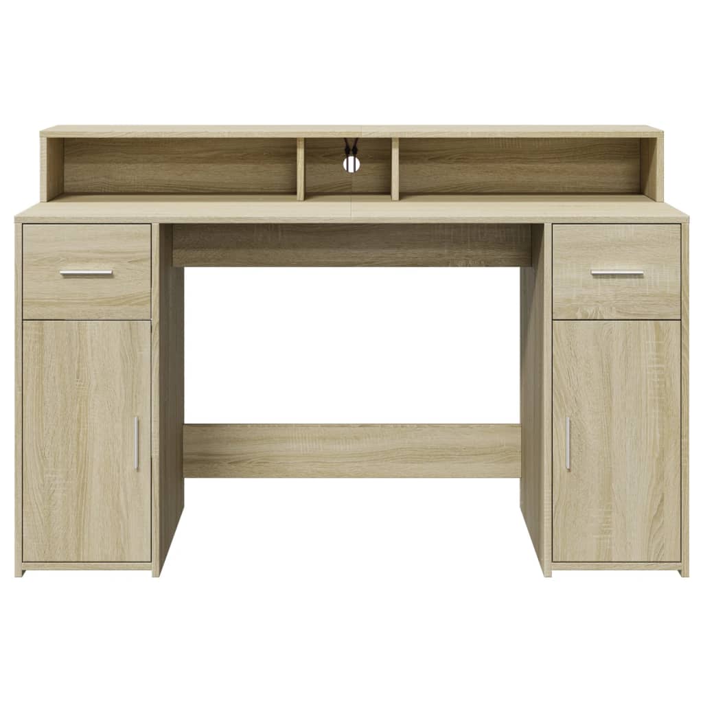 Skrivebord med LED-lys sonoma eik 140x55x91 cm konstruert tre