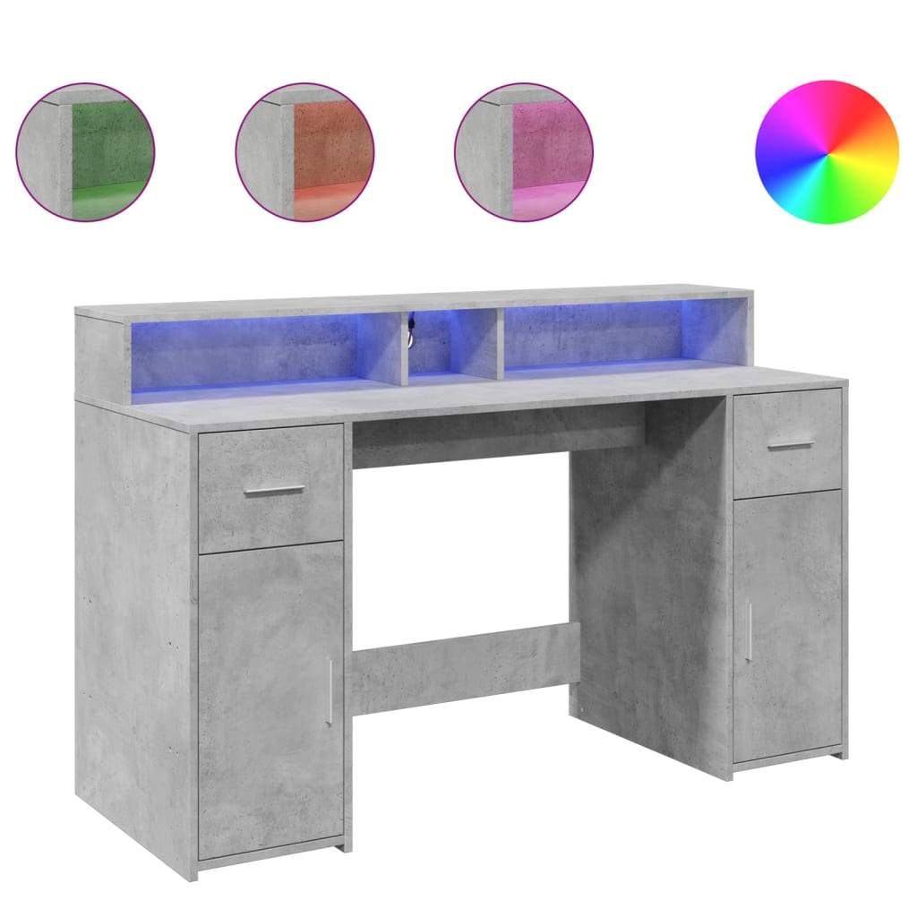 Skrivebord med LED-lys betonggrå 140x55x91 cm konstruert tre