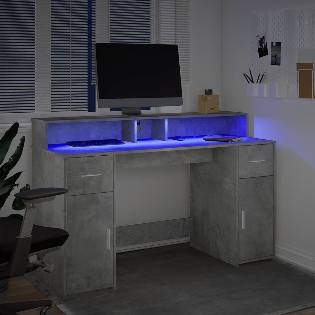 Skrivebord med LED-lys betonggrå 140x55x91 cm konstruert tre