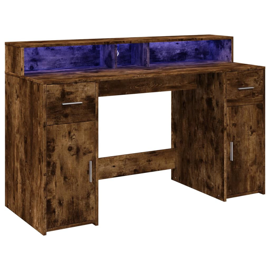 Skrivebord med LED-lys røkt eik 140x55x91 cm konstruert tre