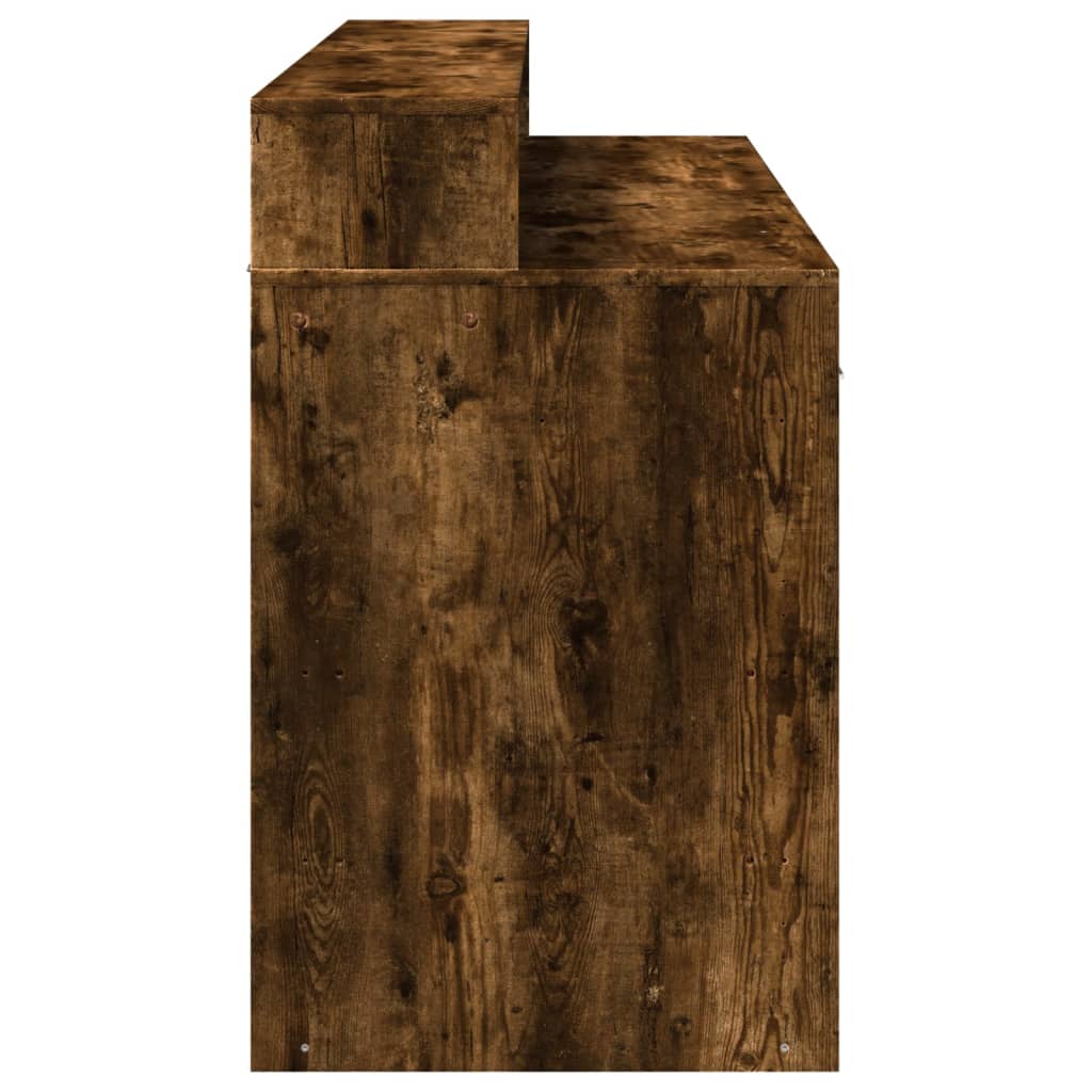 Skrivebord med LED-lys røkt eik 140x55x91 cm konstruert tre