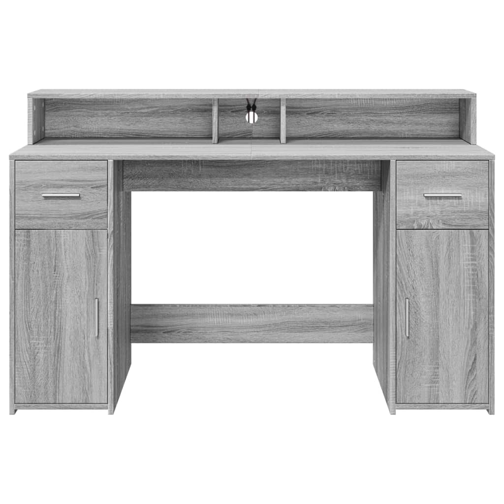 Skrivebord med LED-lys grå sonoma 140x55x91 cm konstruert tre
