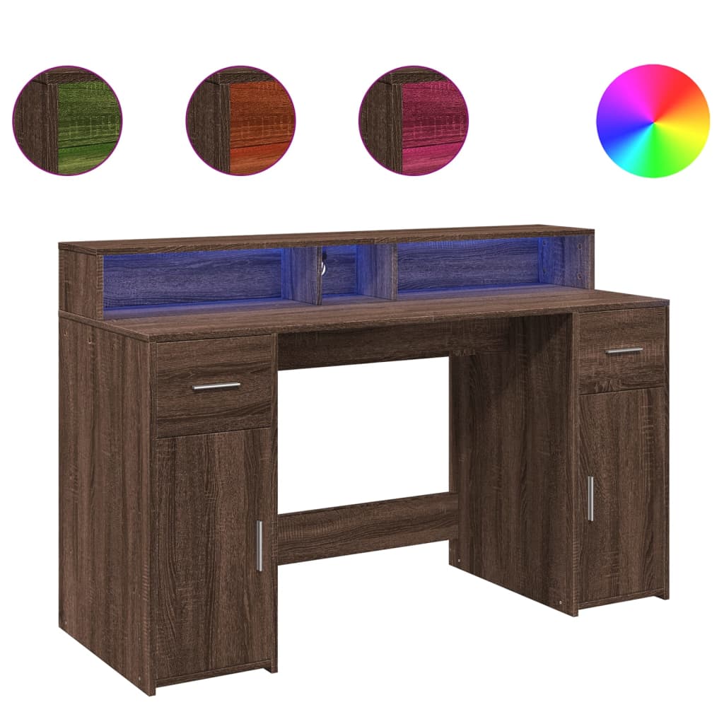 Skrivebord med LED-lys brun eik 140x55x91 cm konstruert tre
