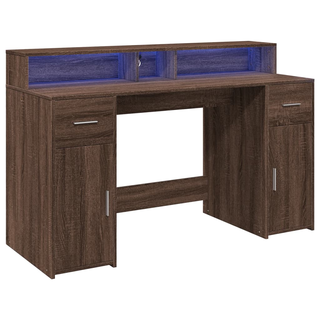 Skrivebord med LED-lys brun eik 140x55x91 cm konstruert tre