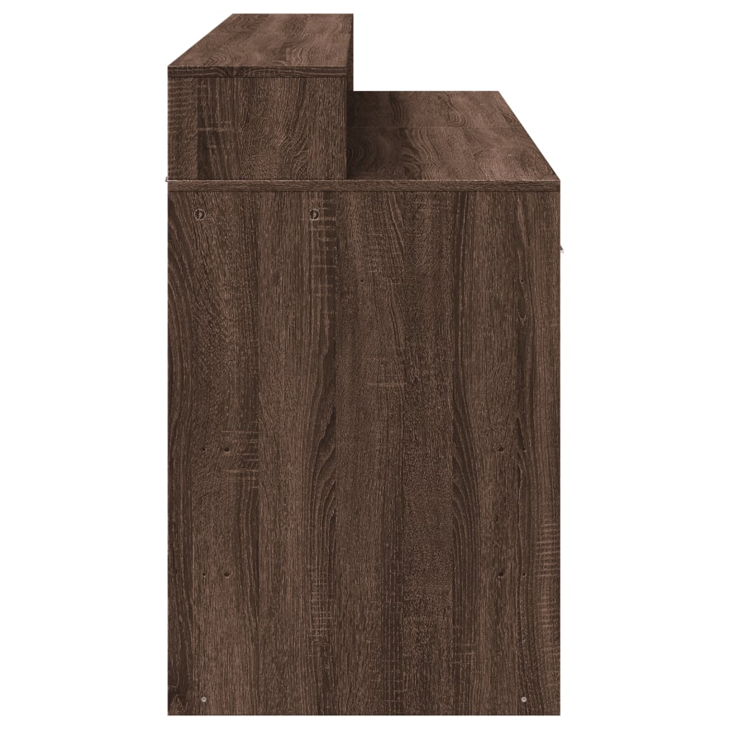 Skrivebord med LED-lys brun eik 140x55x91 cm konstruert tre